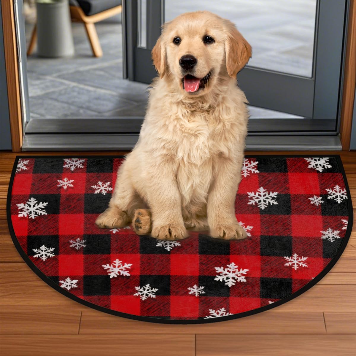 Half Round Door Mat - Indoor Outdoor Snowflake Fabric Half Circle Rug for Entryway, Bathroom, Kitchen - Washable Non-Slip Half Moon Mat with Boho Floral Vintage Design - Small Floor Mat