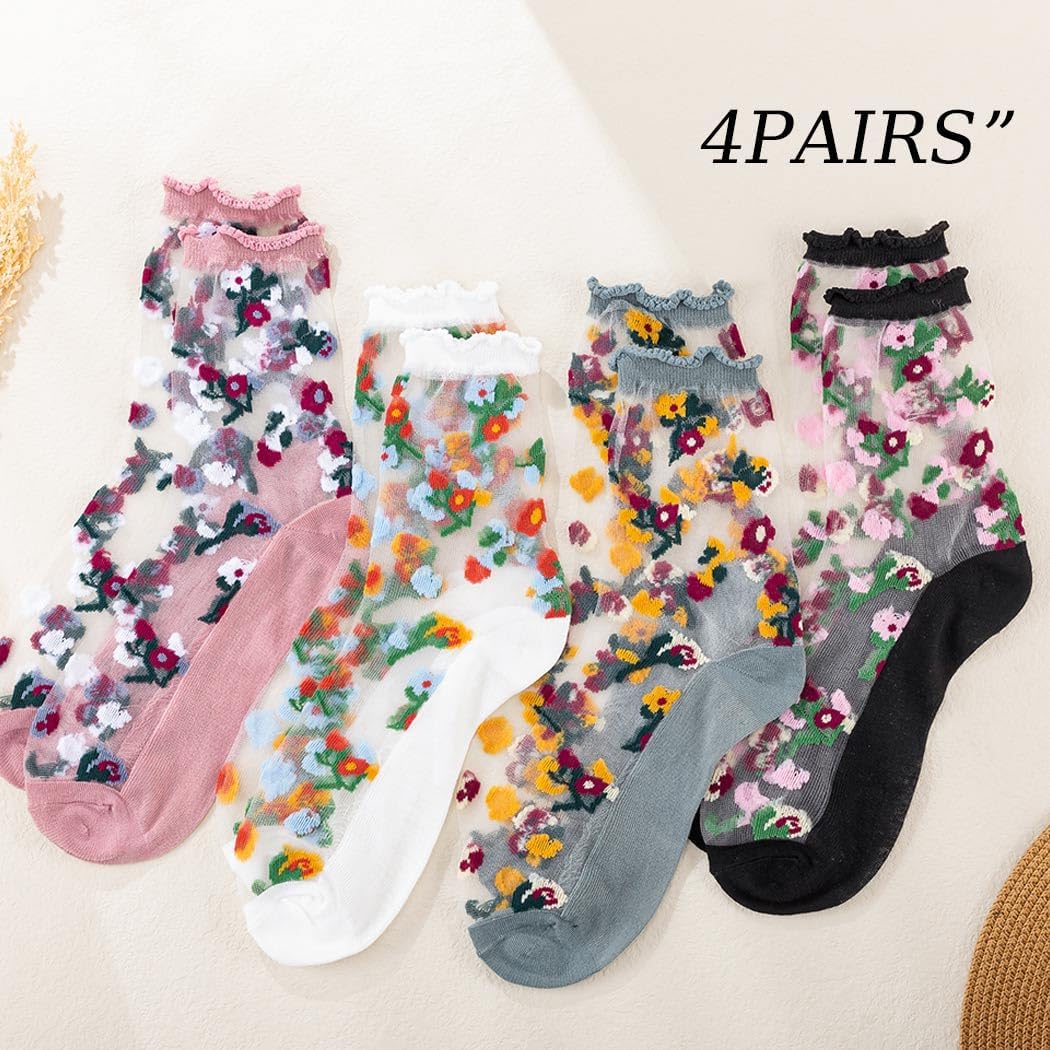 Women's Flower Sheer Lace Ankle Socks See-Through Mesh Summer Casual Socks 4 Pairs