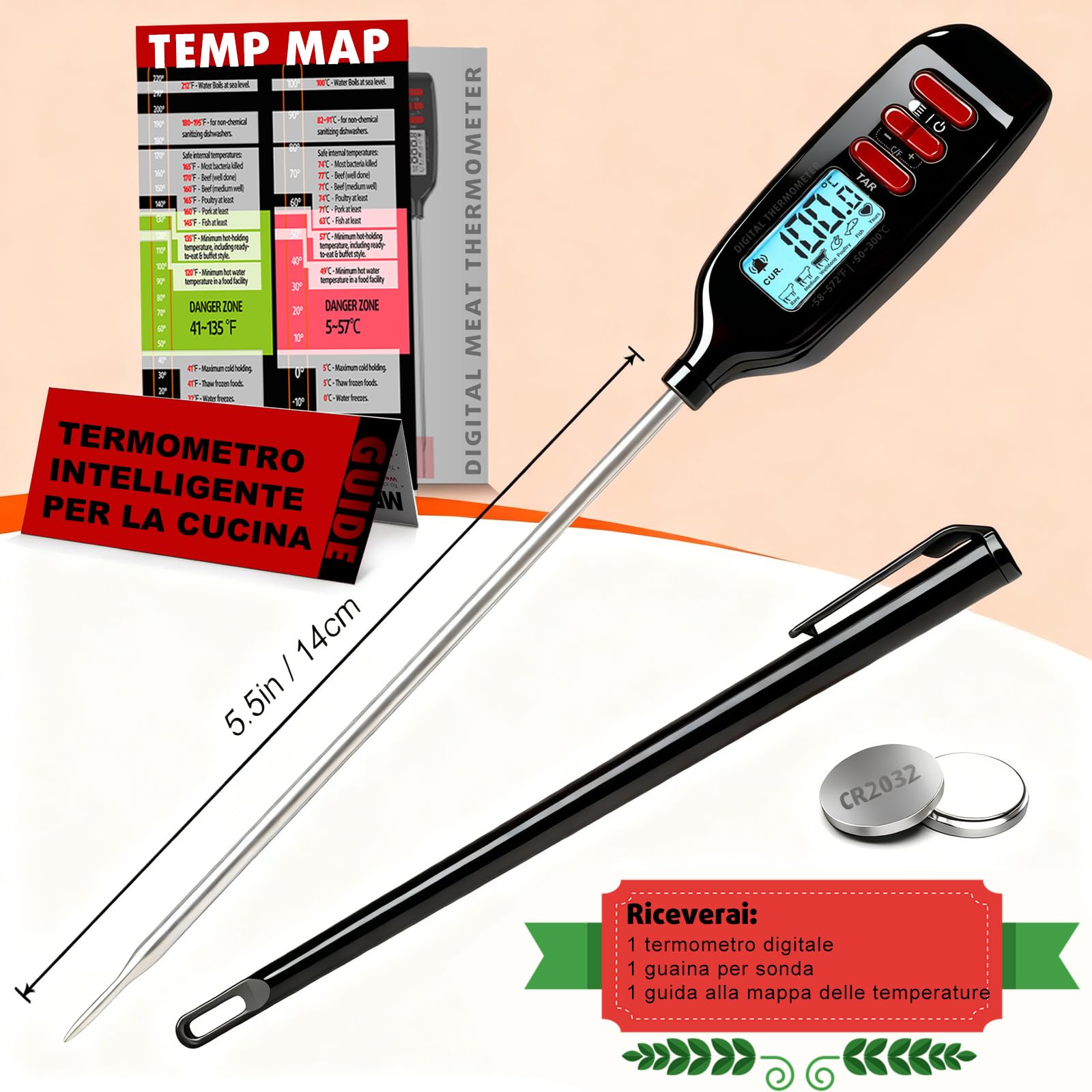 Termometro Da Cucina Digitale Con Sonda Lunga E Display Rotante – Per Carne, Caramelle, BBQ E Cioccolato, Preciso E Sicuro
