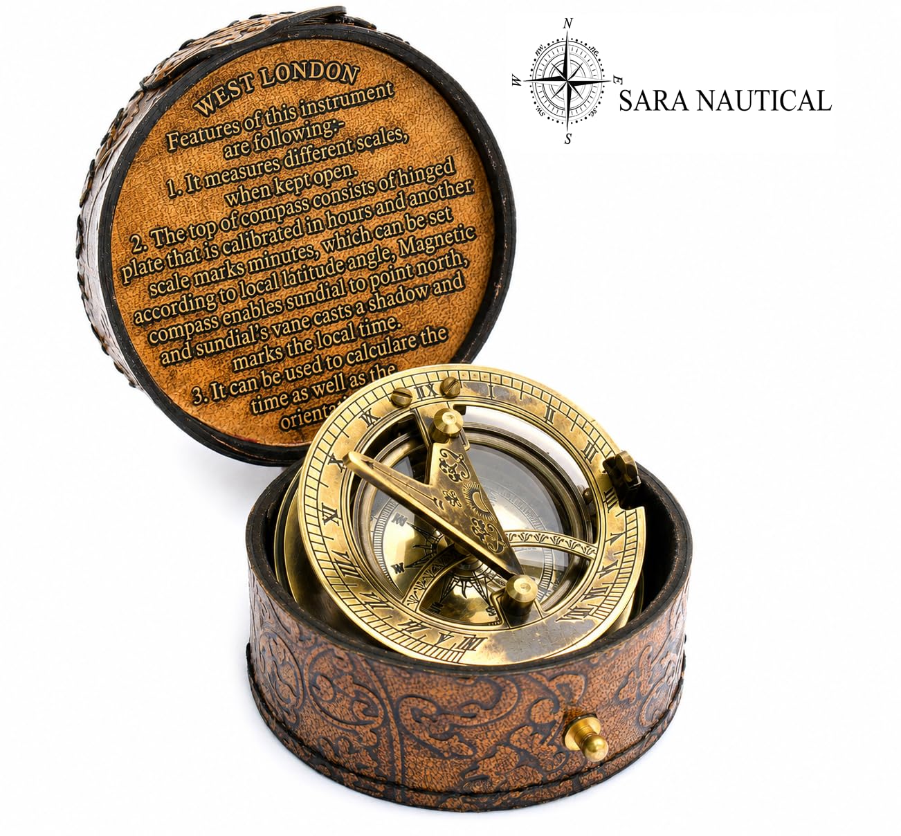 SARA NAUTICAL Bussola con meridiana in ottone antico, orologio con meridiana in scatola regalo, replica orologio da sole, decorazione navale (meridiana di nuova generazione 2026)