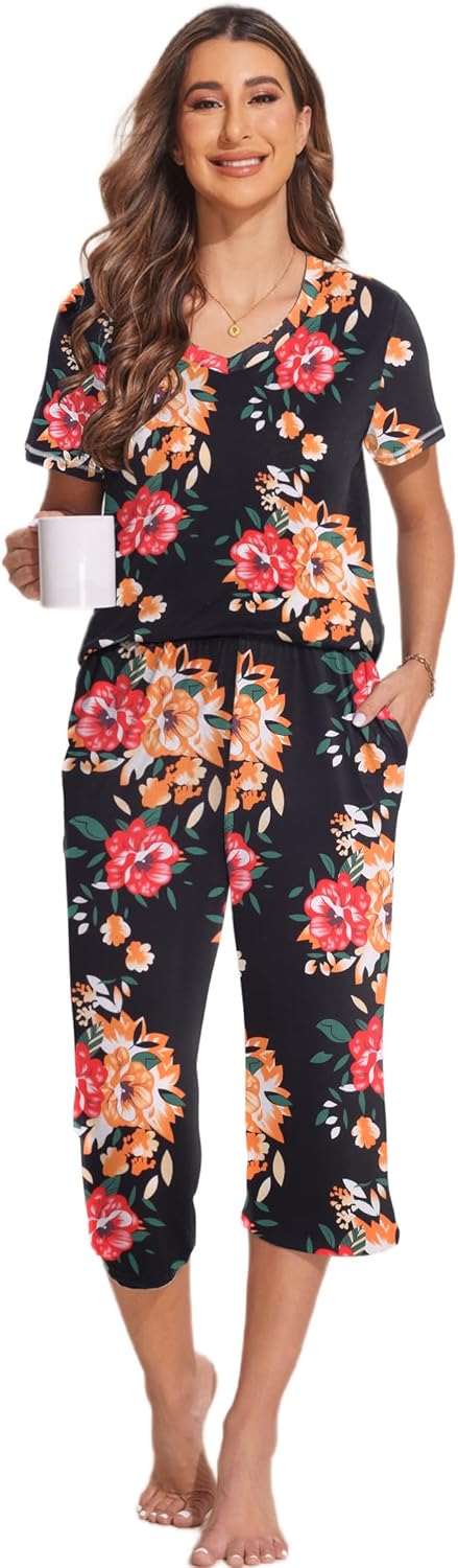 Ekouaer 2 Pack Women's Capri Pajama Sets Short Sleeve Two-Piece Pjs V Neck Tops & Pants Printed Lounge Sets S-3XL - Image 4
