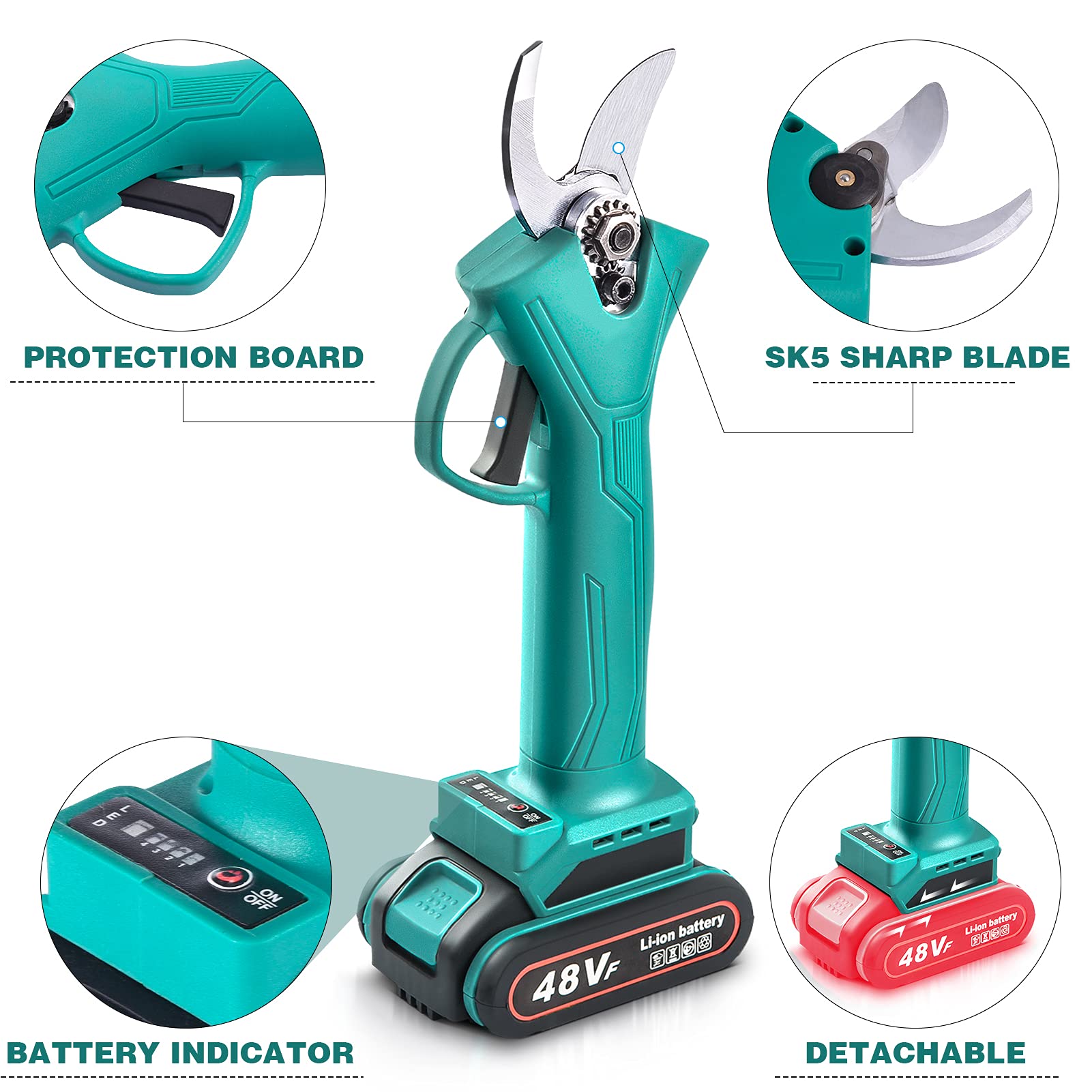 Tijeras de Podar Electricas 30mm, Inalámbricas, Profesionales, 48V 2.0AH tijeras de podar bateria, 2 baterías,Sk5 teflón Blade, para jardineria, huerto, olivos