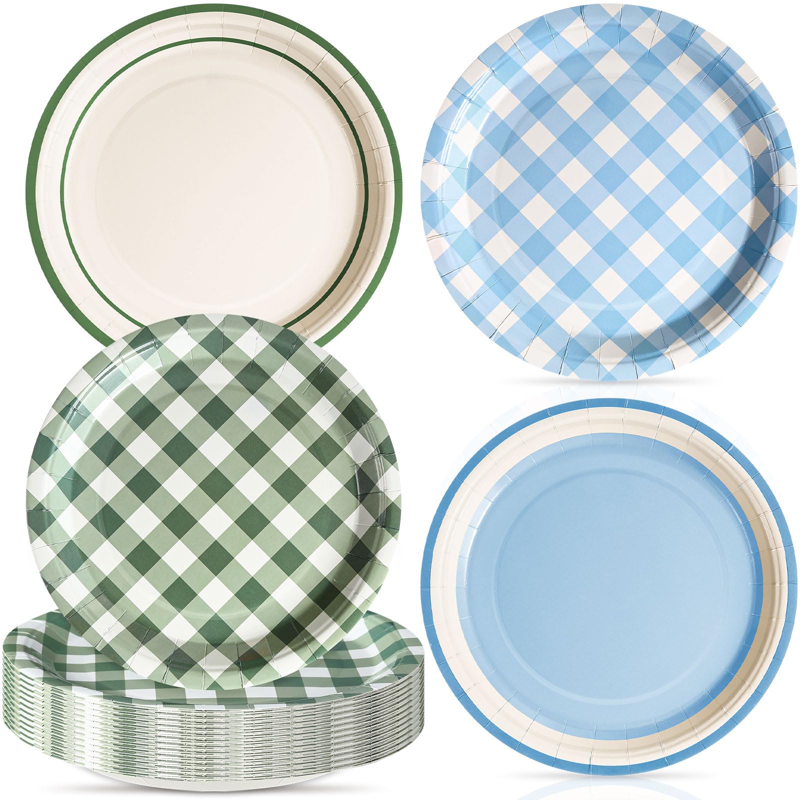 Tiangrid 60 Pcs Blue and Green Gingham Paper Dessert Plates 9 Inch Disposable Checkered Plaid Dinner Plates for Birthday Baby Shower Wedding Camping Themed Party Supplies, 4 Styles