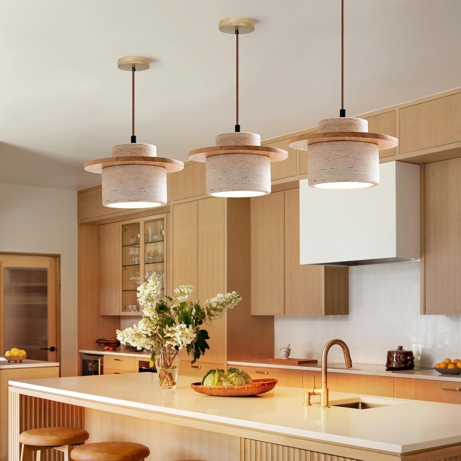 AroimRex Nordic Pendant Light Natural Yellow Travertine E27 Lamp Simple Wabi Sabi Lamp Suitable for Restaurant Bedside Kitchen Island Cafe Wood Hanging Light Adjustable ceiling lighting