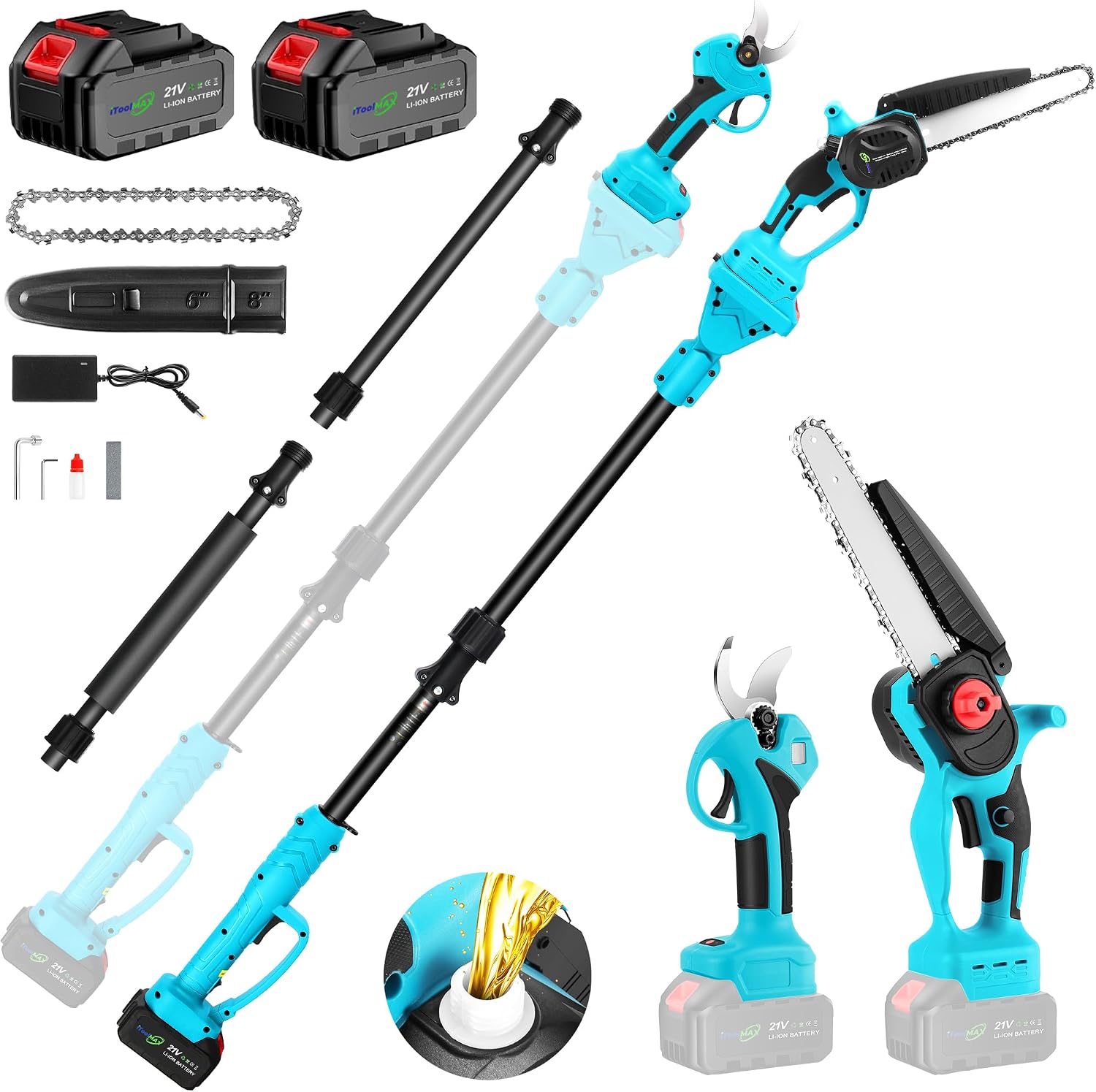 4-in-1 Cordless Pole Saw & 8 Inch Mini Chainsaw & Pole Pruner & Pruning Shears, 2×21V 3000mAh Rechargeable Batteries, Carrying Bag, Shoulder Strap, 14FT Max Reach Electric Pole Saw for Tree Trimming
