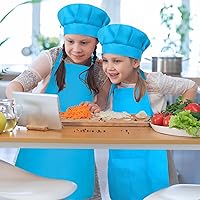 Vista 7 de Conjunto de Delantal y Gorro de Chef para Niños, Delantal Infantil Ajustable con 2 Bolsillos, para Niños Chef y Pintura, Cocinar, Hornear Azul