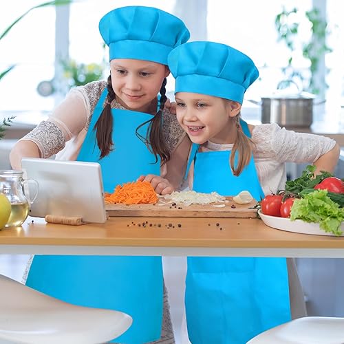Miniatura 7 de Conjunto de Delantal y Gorro de Chef para Niños, Delantal Infantil Ajustable con 2 Bolsillos, para Niños Chef y Pintura, Cocinar, Hornear Azul