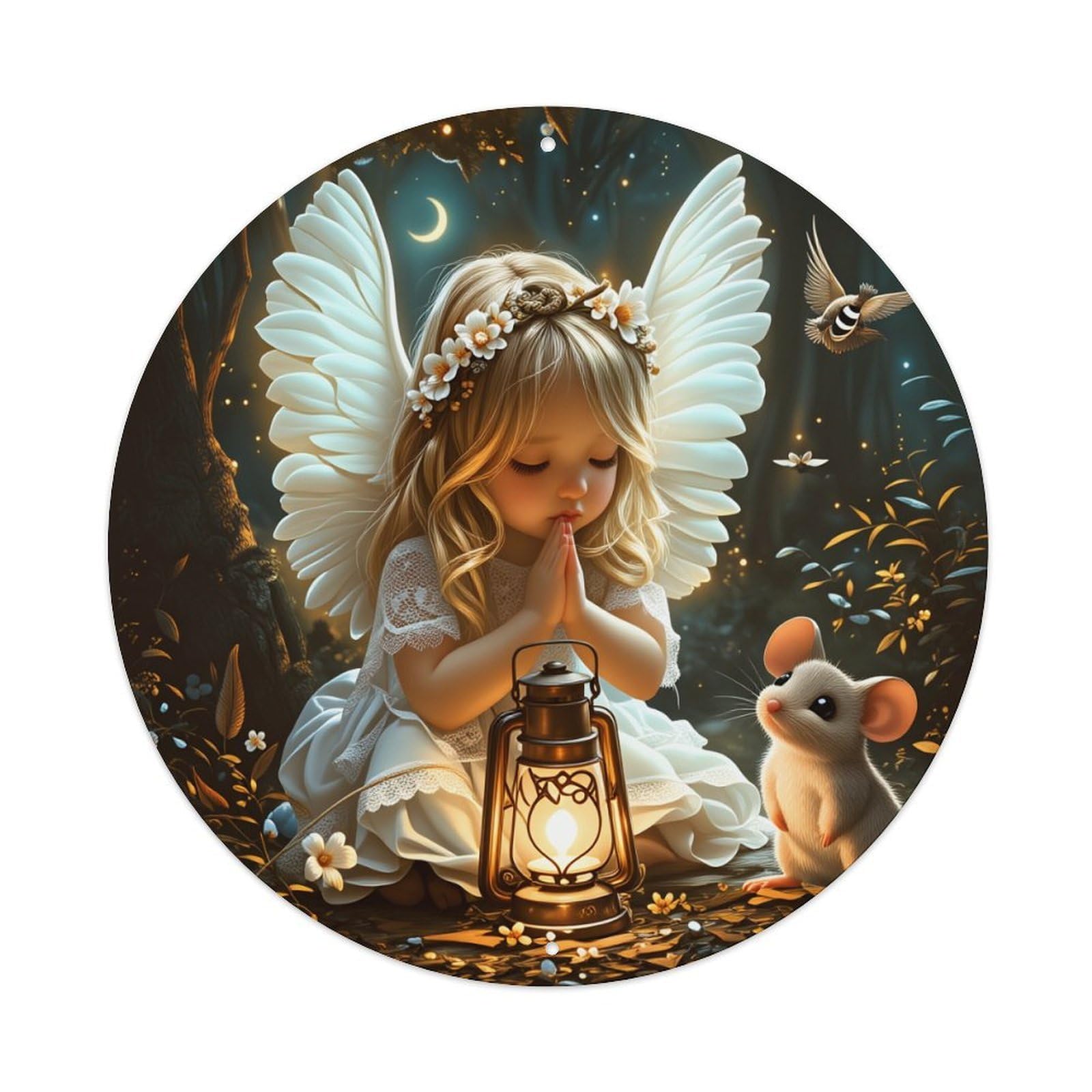 Angel Girl With Lantern And Mouse In Forest Metal Tin Sign Plaque
