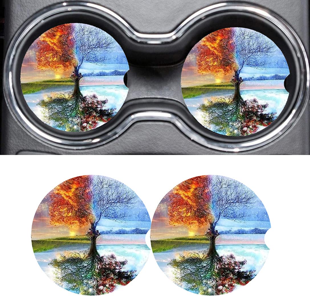 Car Coasters for Drinks Absorbent, Reaction Tree Cute Car Accessories Coaster for Women, Cup Holder Coasters with Fingertip Grip for Easy Removal, Auto Accessories Set for Women Girls Lady, Pack of 2