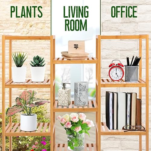 Miniatura 3 de SereneLife Estantes de almacenamiento de bambú de 9 niveles para múltiples plantas en maceta, estante esquinero, accesorios de casa para uso en