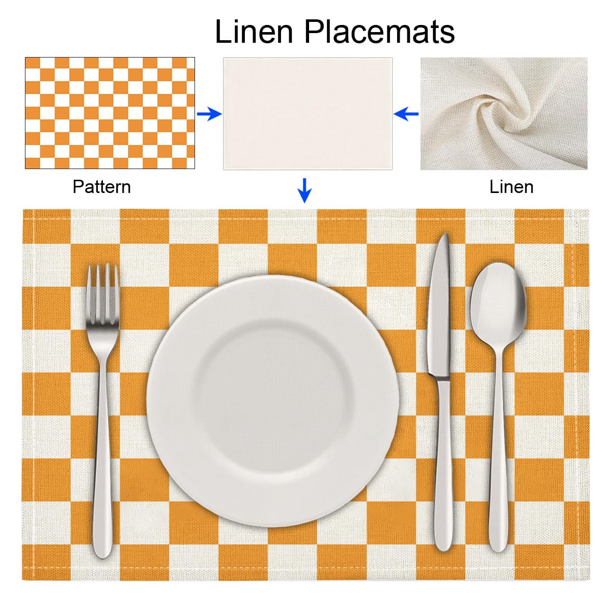 Set Di 8 Tovagliette Scacchiera Moderna In Lino, Arancione Bianco, 45X30Cm Con Stampa Di Illustrazione Geometrica, Resistenti Al Calore Antiscivolo Lavabili Per Sala Da Pranzo Cucina Feste