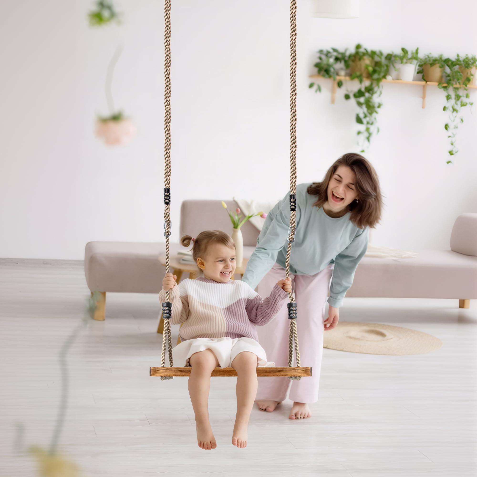 EXTFANS Balançoire Bois Compacte Avec Siège Ergonomique - Corde Ajustable Jusqu'à 200cm - Charge 160kg Intérieur/Extérieur