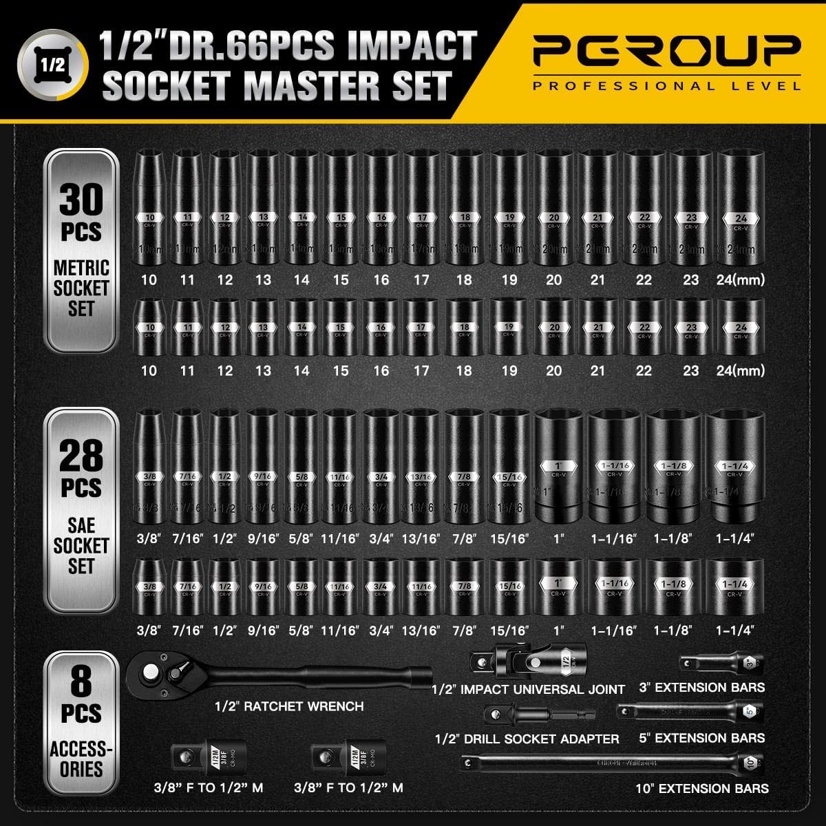 66 PCS 1/2 Inch Drive Impact Socket Set, Standard SAE (3/8"-1-1/4") And Metric (10-24mm) Size, 6 Point Deep & Shallow Sockets，Master Grade Cr-V Steel With Heavy Duty Storage Case