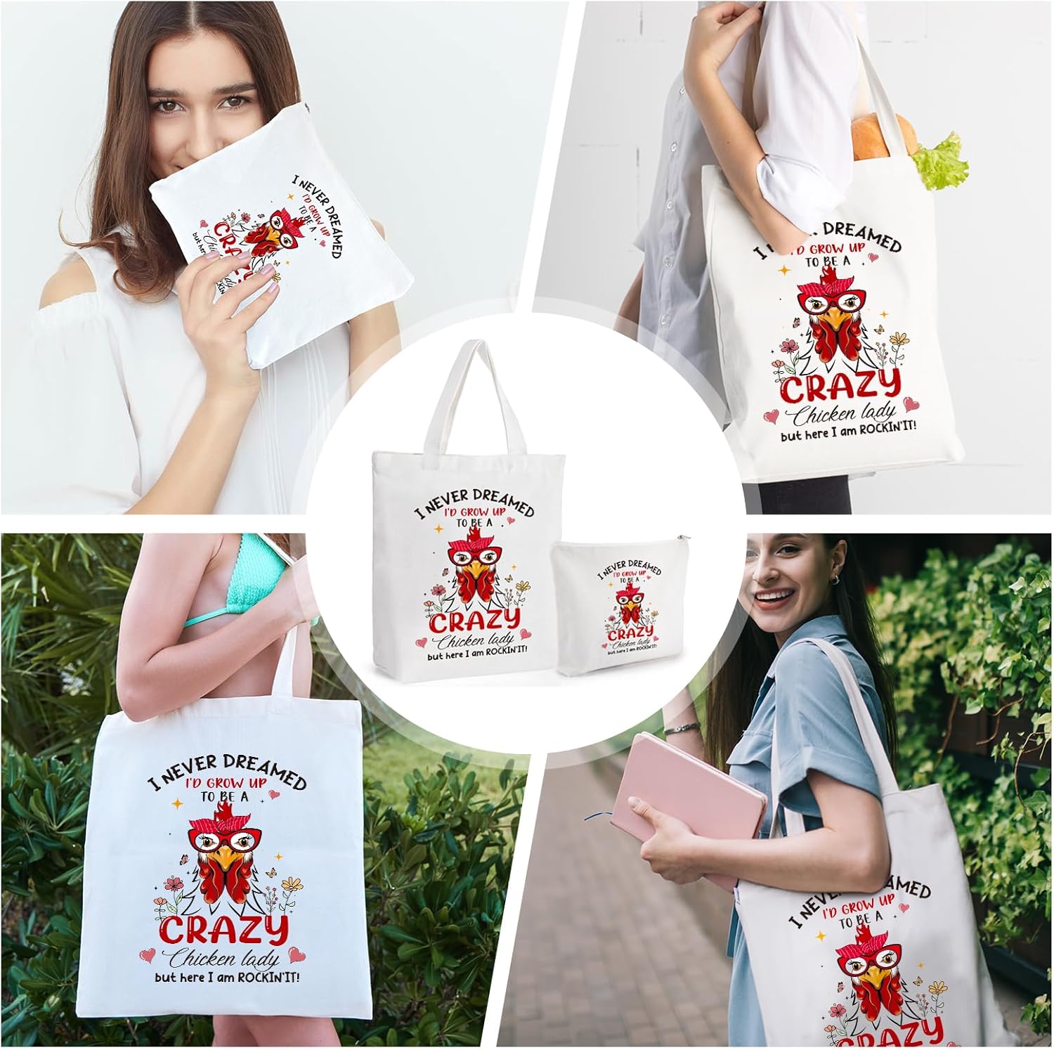 Chicken Canvas Tote Bag - Aesthetic Chickens Lover Gift 2PC Reusable Purses With Cosmetic Bags Shopping Totes Personalized Birthday Gifts for Women Lady Friend Crazy Rooster - Image 2