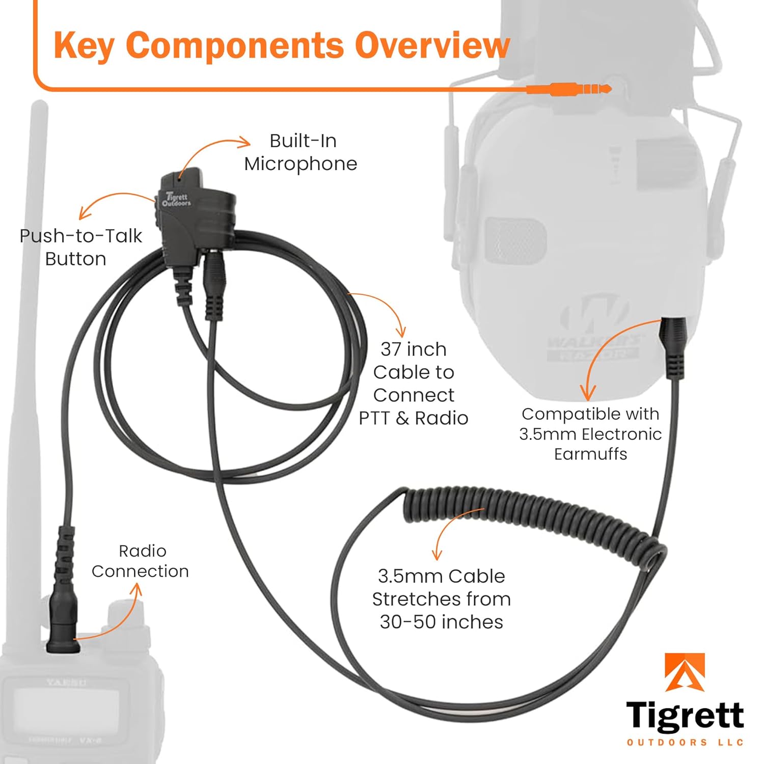 Tigrett Outdoors SMC Push-to-Talk Cable w/ 3.5mm Audio Cable Adapter for Yaesu VX-6R- PTT for Electronic Earmuffs - Hands-Free Radio Listening - with Clip