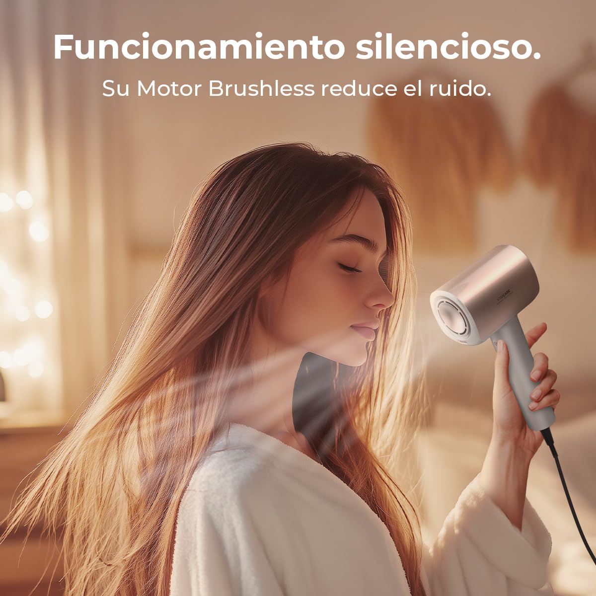 Cecotec Secador de Pelo Brushless de Última Generación DryGlam Nano Plasma Champagne. Potencia de 110,000 RPM y 1600W, Función de Plasma, Gran Flujo de Aire, Duradero, 3 Temperaturas y 3 Velocidades