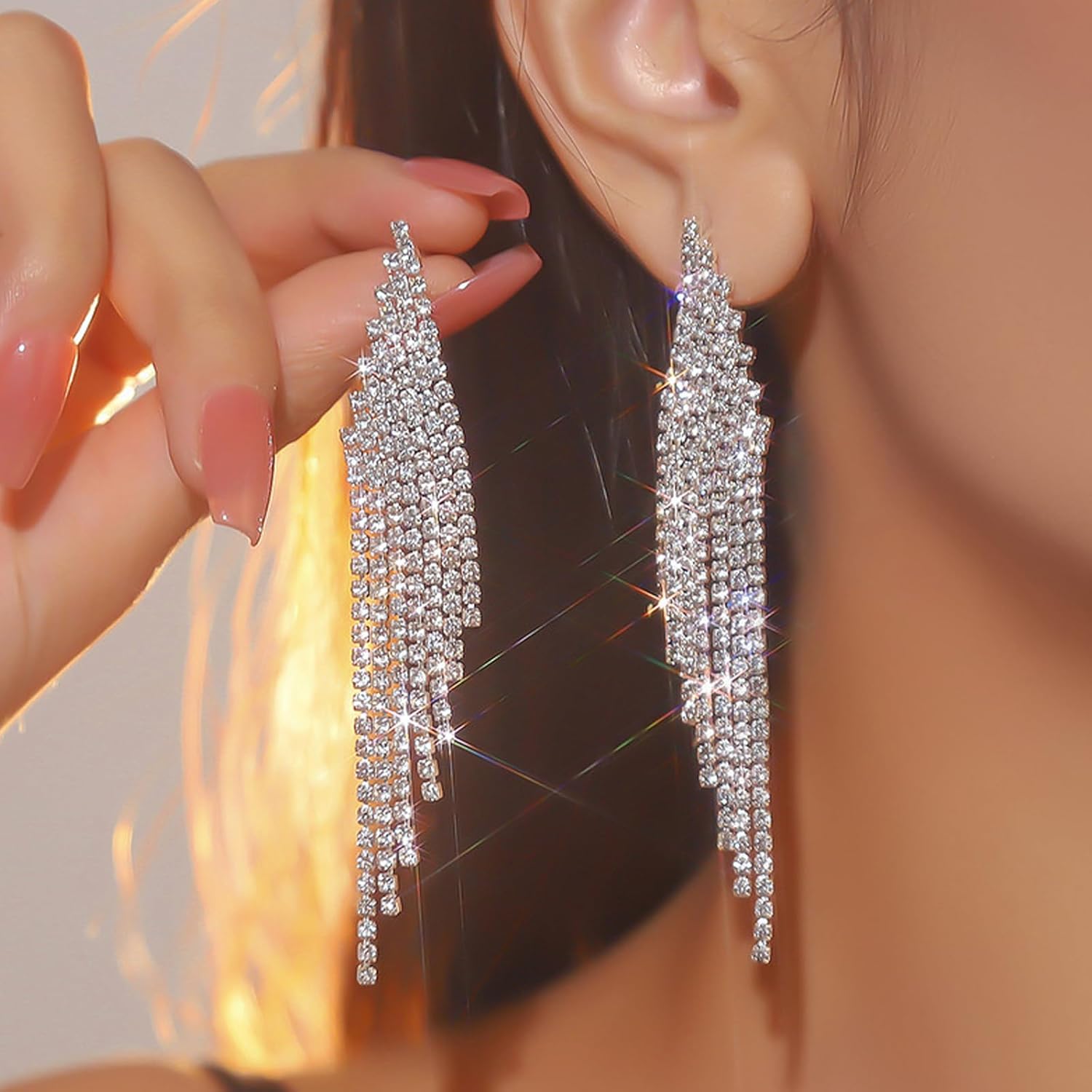 Silver Prom Earrings Jewelry Sparkly Rhinestone Earrings for Women Long Tassel Bling Crystal Chandelier Earring Prom Dress Outfit Accessories Wedding Guest Dresses for Women - Image 2