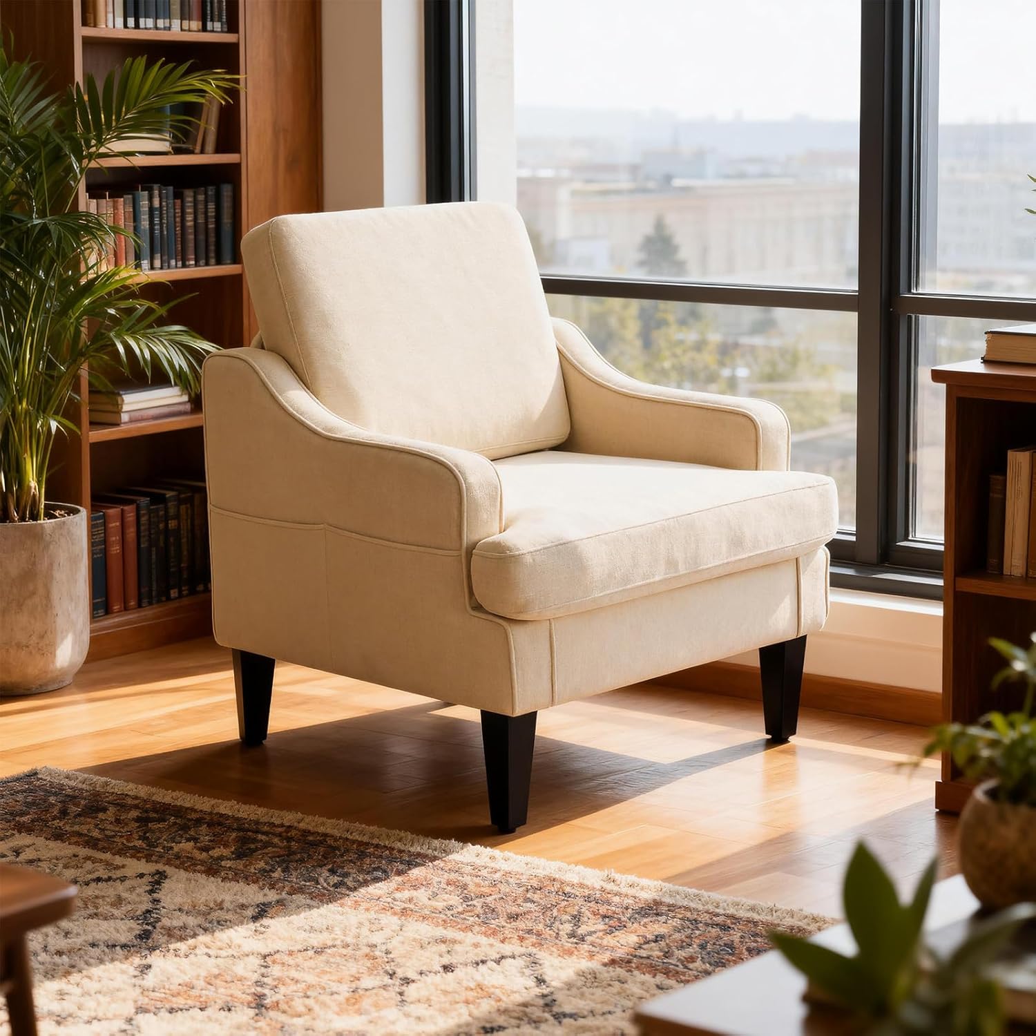 Accent Chair for Living Room Upholstered Living Room Chair with Side Pockets Comfy Accent Chairs for Bedroom Mid Century Modern Armchair for Office, Apartment, Waiting Room, Club (Beige)