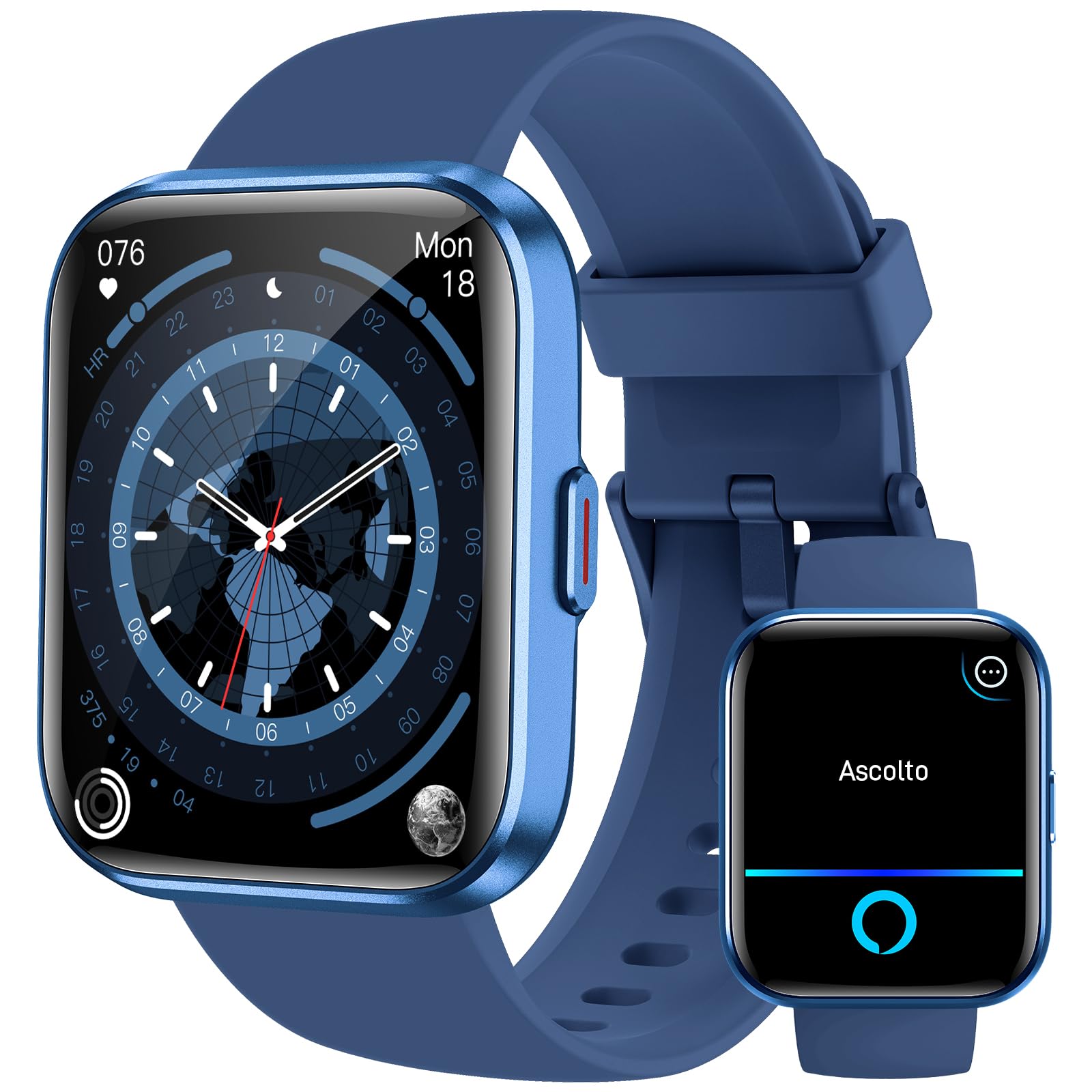Smartwatch Uomo Donna con Chiamate Bluetooth, Alexa Integrato, 1.8” Orologio Smartwatch con 100 Sportive/Cardiofrequenzimetro/Sonno/SpO2, Impermeabil IP68 Fitness Tracker per iOS Android, Blu Scuro