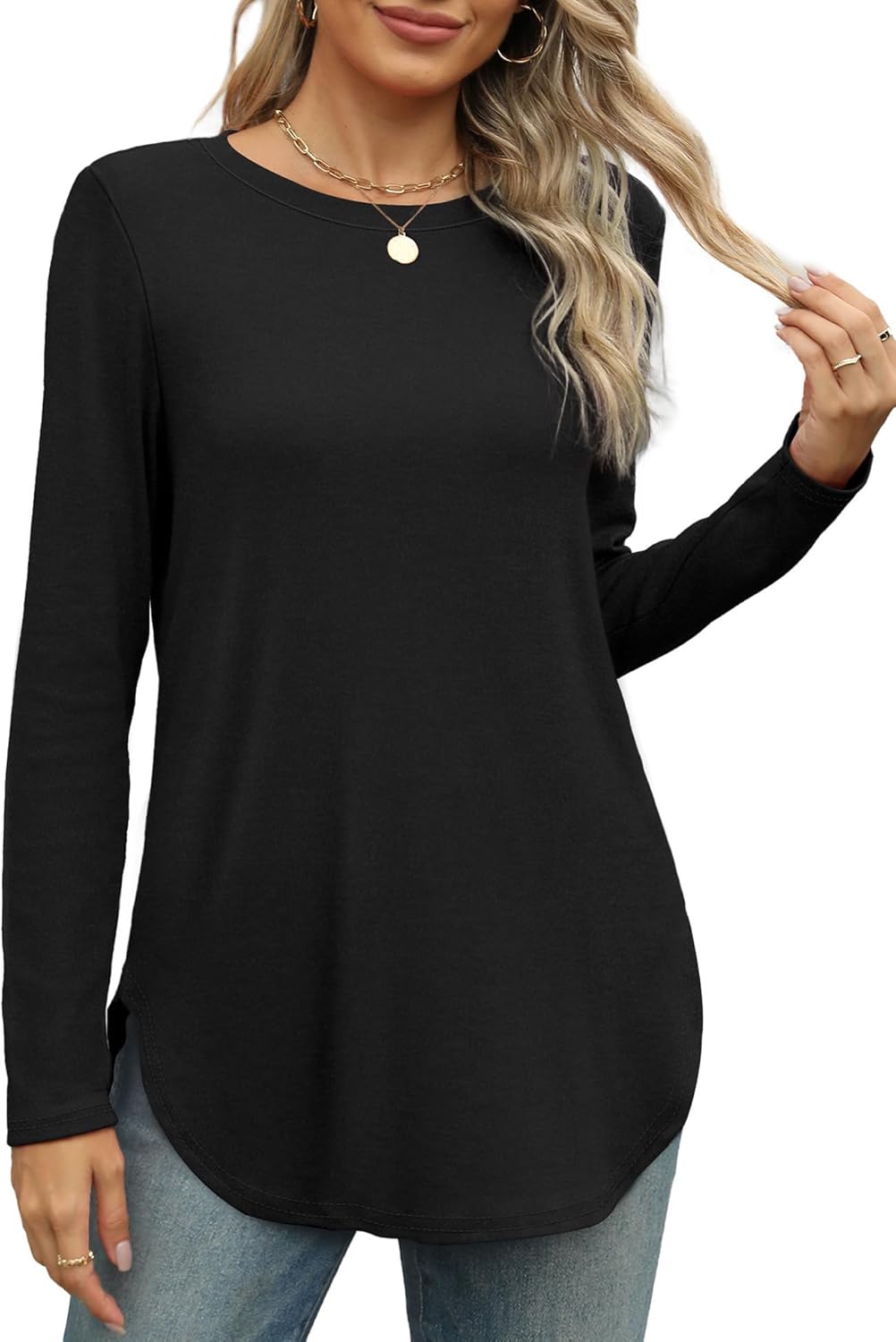 XIEERDUO Womens Long Sleeve Round Neck Shirts Side Split Basic Loose Tunic Tops Casual 2025 - Image 2