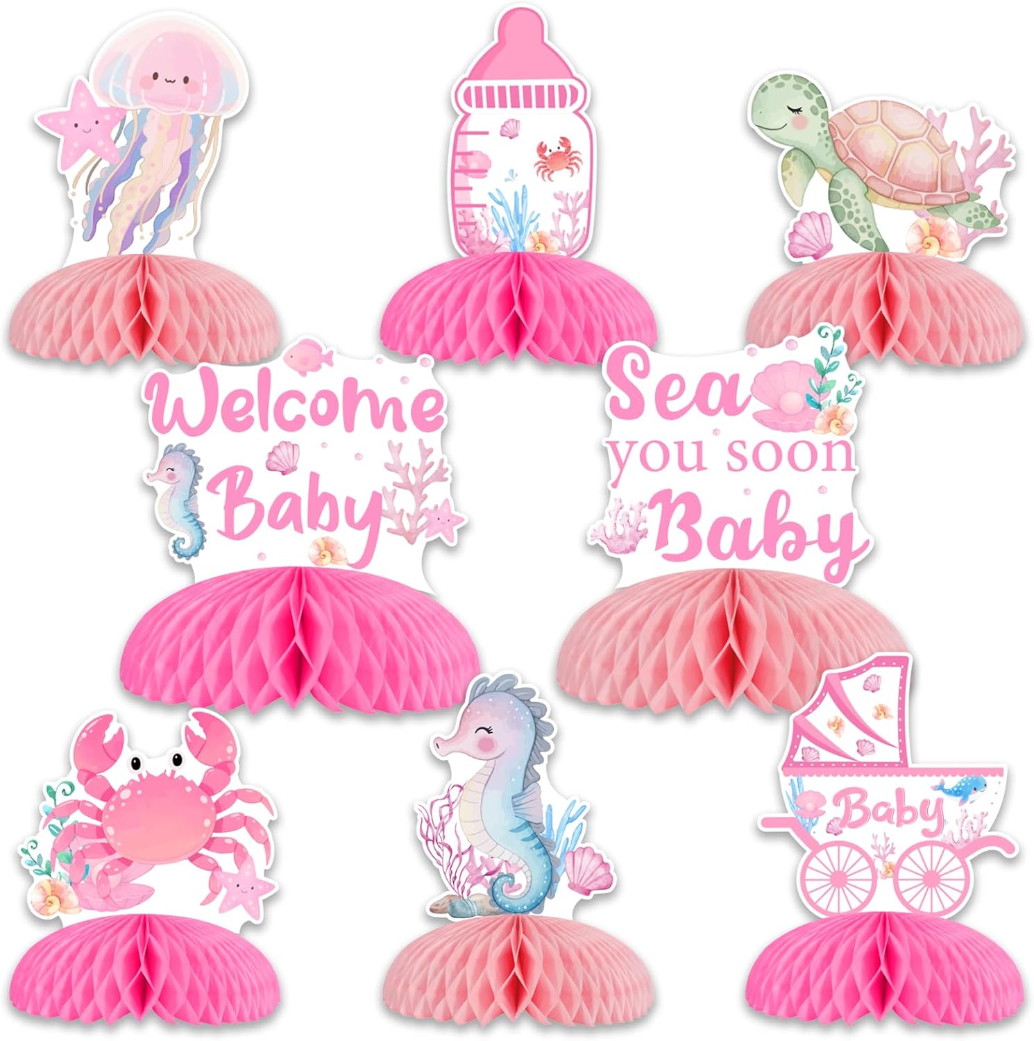 welcome baby sea you soon baby Honeycomb Centerpieces 8pcs, Pink Under the Sea Baby Shower Decorations Girl, Double-Sided Ocean Theme Honeycomb Table Decorations