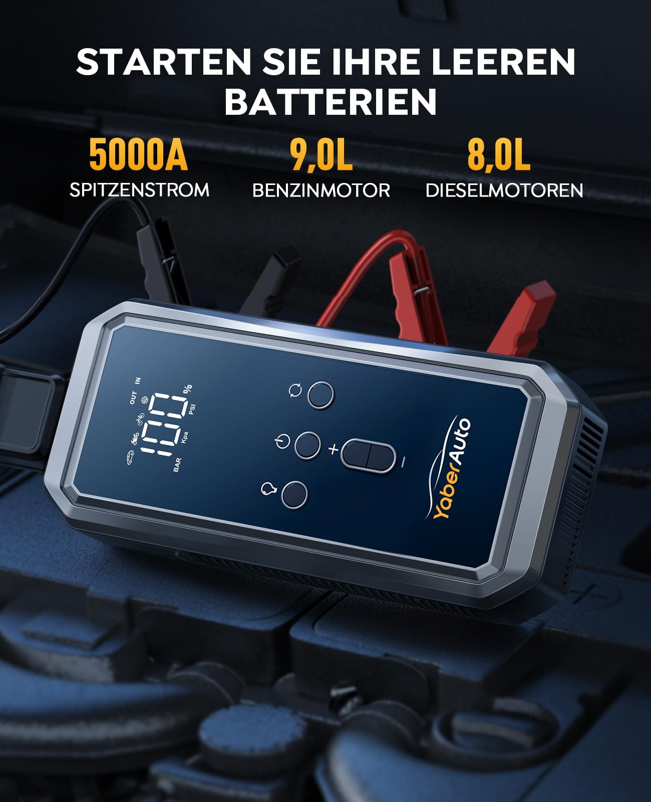 5000A Auto Starthilfe, YaberAuto Starthilfe Powerbank mit 150PSI Kompressor, 21,800mAh Powerbank mit 300 Lumen Notlicht, 4 in 1 Powerbank als Starthilfe mit LCD Bildschirm, YA70
