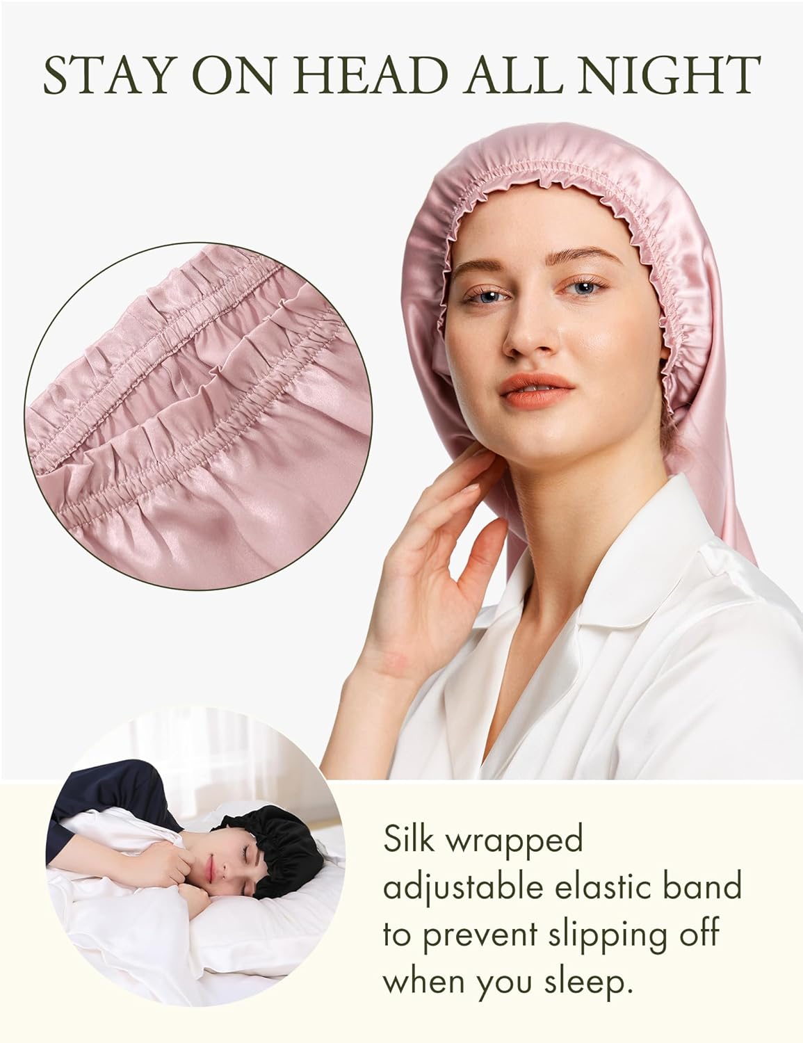 LilySilk Extra Long Silk Bonnet Sleep Cap for Women Soft Adjustable Hair Bonnet for Braids,Curly,Long Hair- Soft Elastic Band, Rosy Pink