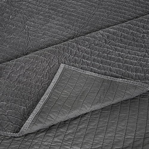 Miniatura 8 de ELEGANT LIFE HOME Colcha reversible de terciopelo gris oscuro, colcha reversible de terciopelo de algodón real con costuras para fotos, tamaño