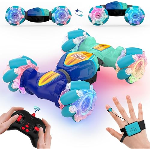 Remote Control Car, Gesture Sensor RC Stunt Cars Toys for Boys Girls Age 6 7 8 9 10 11 12+ Years Old, 2.4GHz 4WD 360° Flips Off Road RC Vehicle Toy with Lights/Music, Best Gifts for Kids, Blue