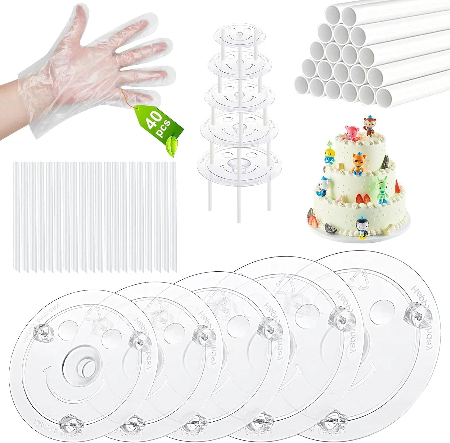 Plastic Cake Dowel Set: 40 Rods, 20 White Support, 5 Separator Plates for 4 to 12'' Cakes & 15 Clear Stacking Dowels