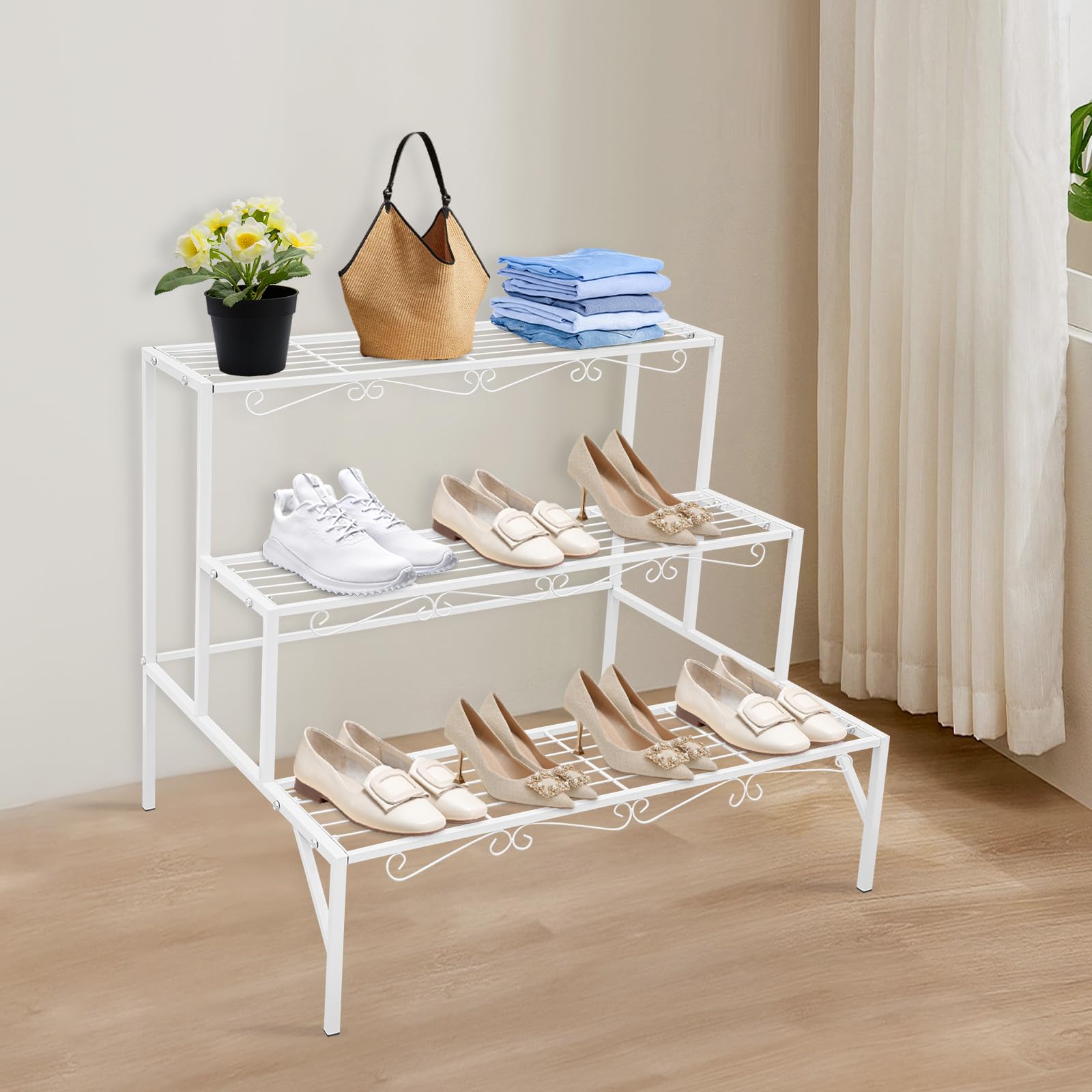 Blumentreppe 3-stufig, Pflanzenregal aus Metall, Pflanzenständer mit 3 Ebenen, Freistehender Blumenständer Pflanzentreppe für Outdoor Indoor, Balkon, Garten, 70x58x60 cm (Weiß)