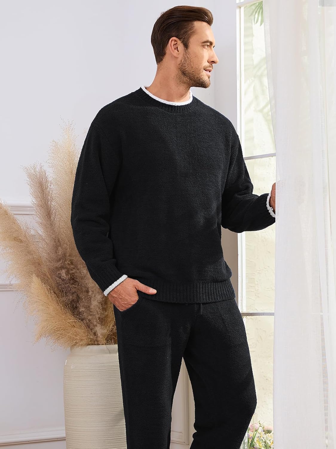 Snuggle Sac Mens Pajamas Set Fleece Winter Sleepwear Fuzzy Long Sleeve Soft Loungewear Sets with Pockets - Image 2