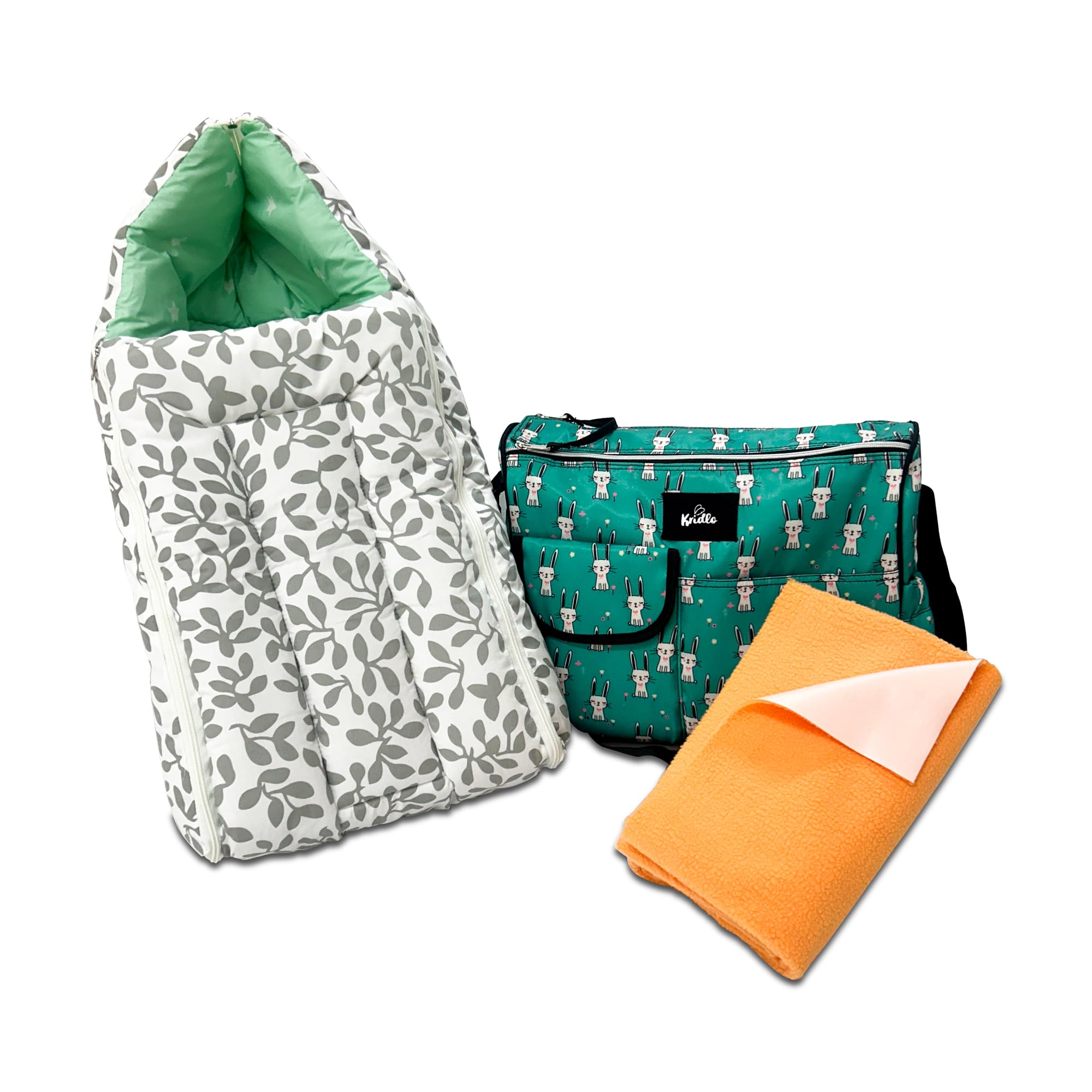 Kridlo Grey Baby Nest + Dry Mat + Green Baby Diaper Bag Essential Combo - Pack of 3