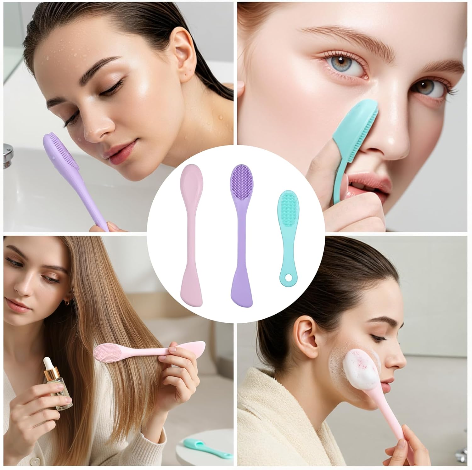 3PCS Facial Cleansing Brush, 2 in 1 Silicone Face Scrubber, Silicone Face Mask Applicator, Mask Applicator Tool for Facial Mud, Clay, Body Lotion, DIY Masks - Image 7