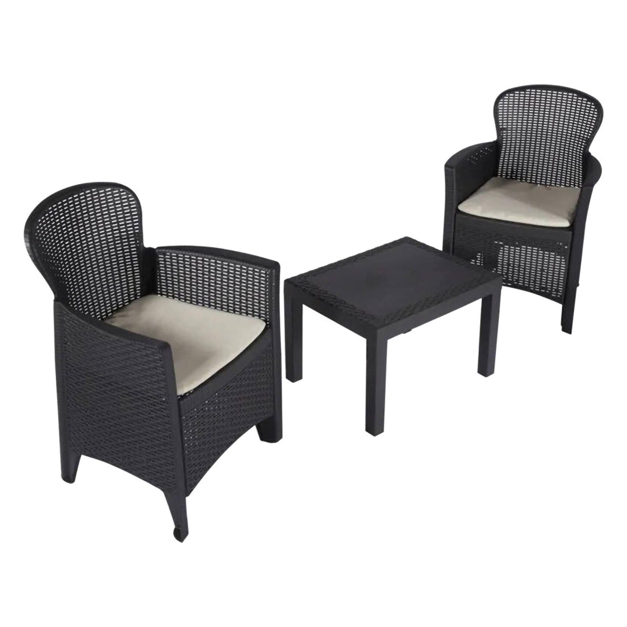Dmora - Set salotto da esterno Foggia, Composizione da giardino con 2 poltrone ed 1 tavolino, Salottino effetto rattan con cuscini, 100% Made in Italy, Antracite