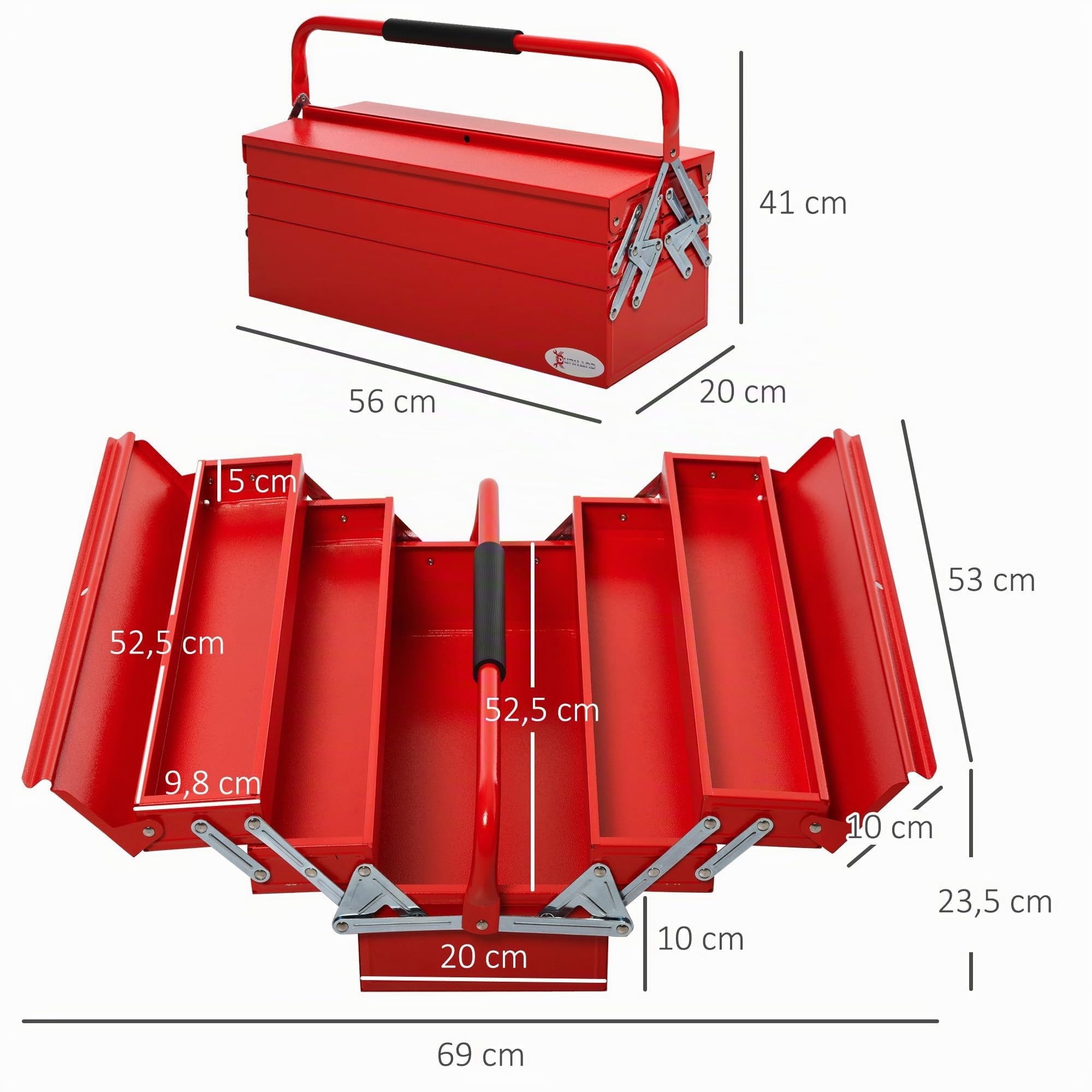 DURHAND Boite à Outils Métallique 3 Niveaux 5 Plateaux Rétractables Rouge