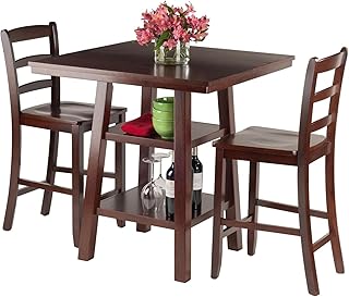 Orlando Walnut 3-Piece High Dining Set with Storage Shelves & Ladder-Back Stools – Rustic Space-Saving Table for Kitchens, Dining Areas, and Multi-Use Family Spaces