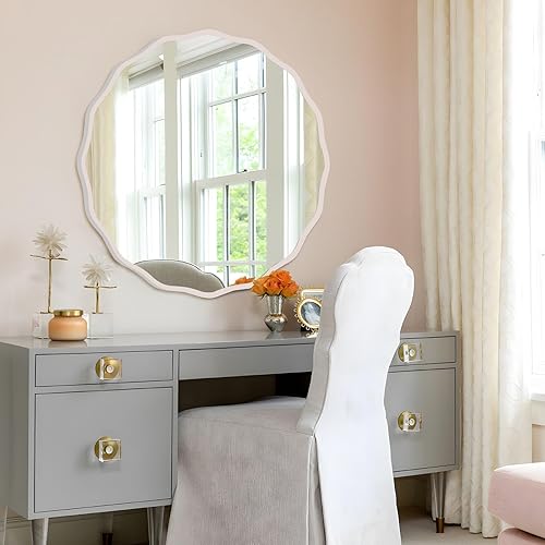 Miniatura 23 de Espejo redondo decorativo para pared de 28 pulgadas, moderno espejo ondulado dorado con marco de madera, espejo de pared circular para baño
