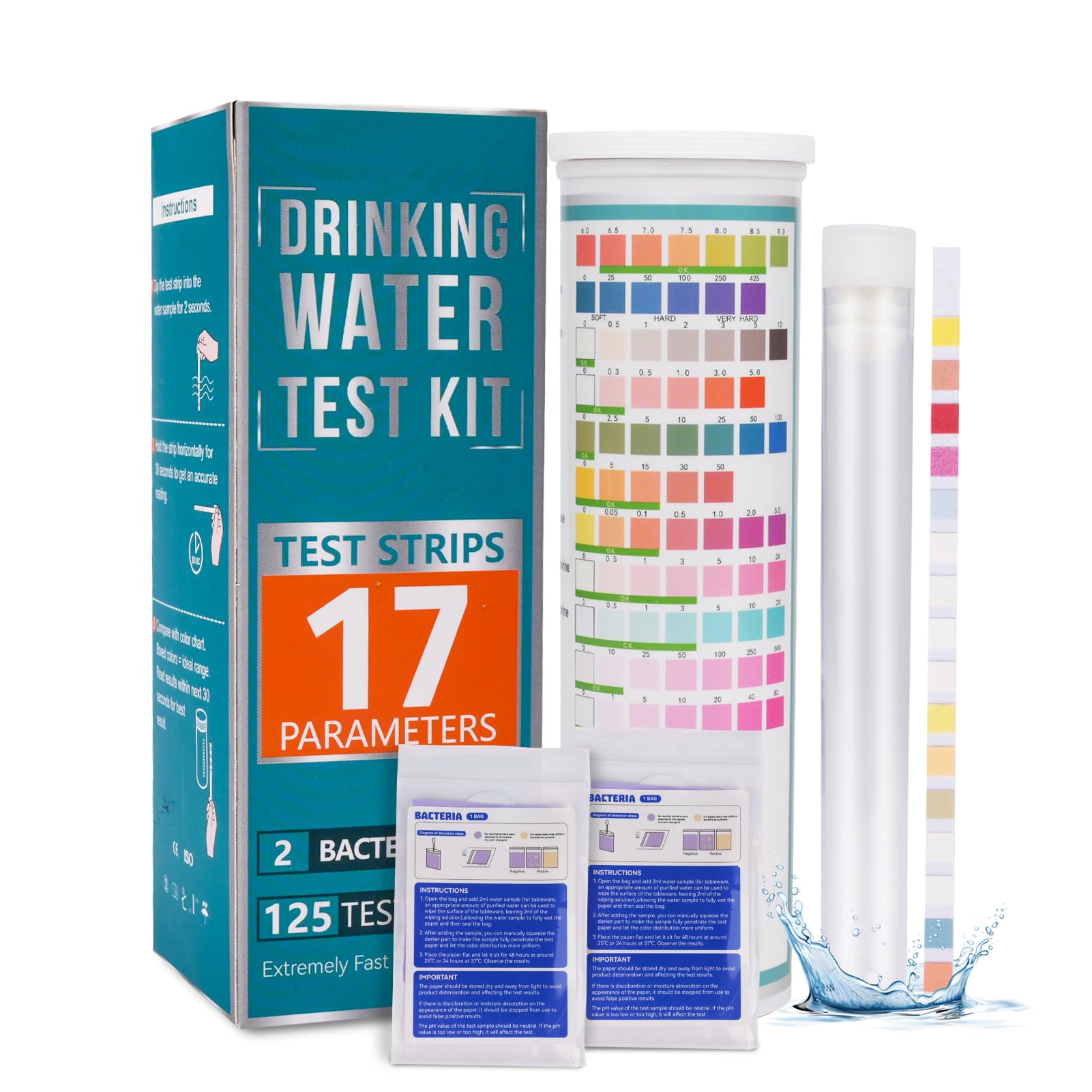 Kompletny zestaw do testowania wody pitnej 17 w 1 (125 pasków + 2 testy na bakterie), kran domowy, taśma do testowania wody miejskiej do ołowiu, alkalicznego, chloru, twardości, żelaza