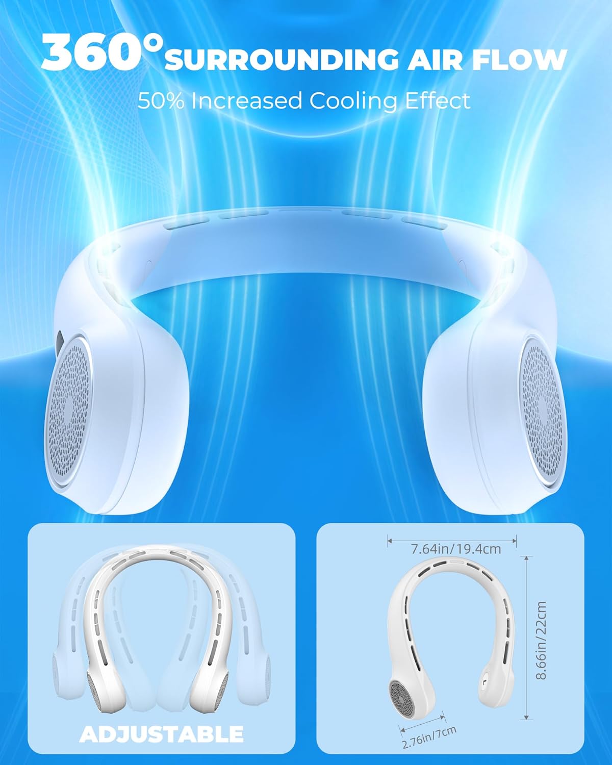 Neck Fan with 4000mAh Rechargeable Battery & LED Display, Portable Personal Cooler for Women/Men, 3-Speed Bladeless 360° Cooling Fans, Stylish Gift for Gym/Travel/Office, White