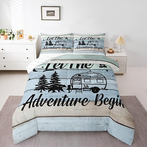 Juego de ropa de cama de campista, juego de ropa de cama de campamento feliz, juego de ropa de cama individual, relleno de edredón de rayas