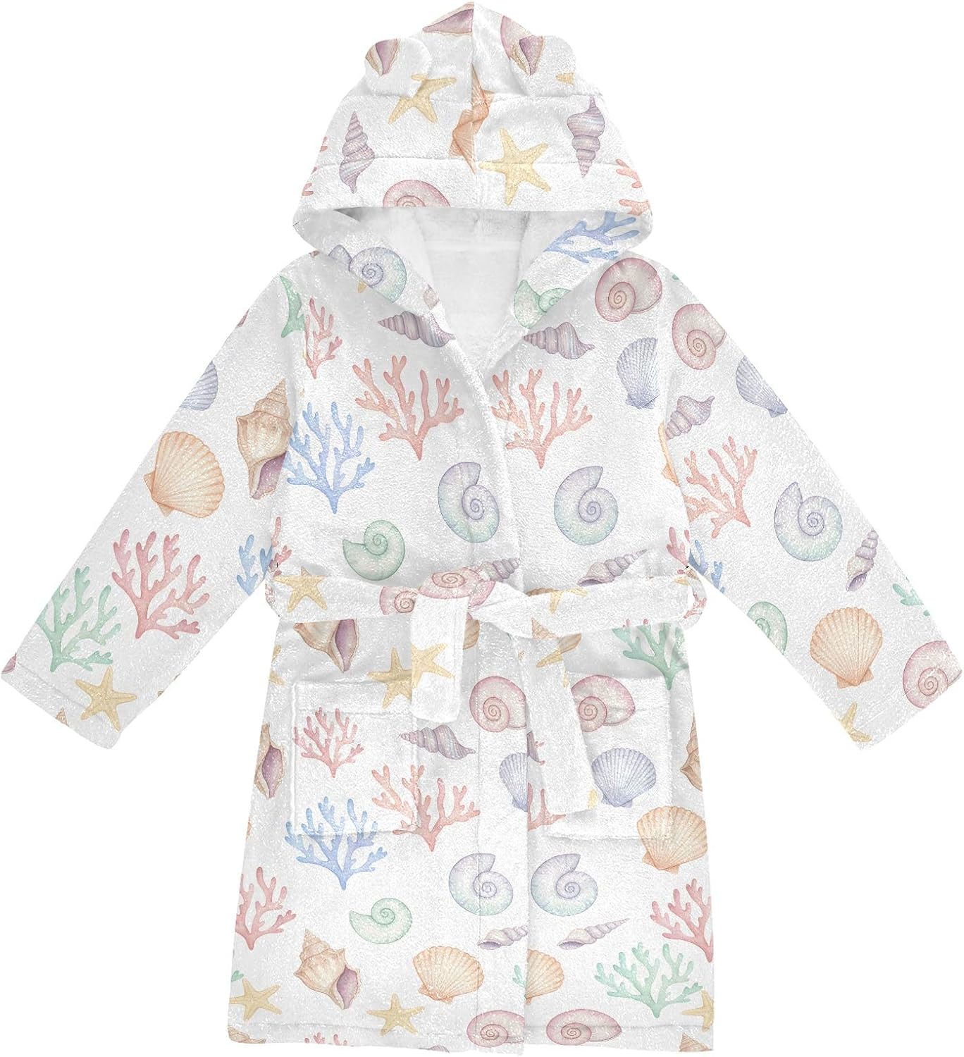 Cartoon Shellfish Coral Prints Toddler Hooded Bathrobe for Boys Girls Soft Plush Bath Towel Robe 2-12 Years