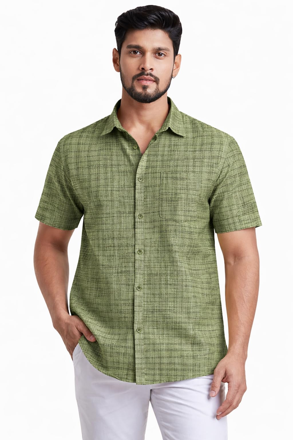 Men's Cotton Blend Shirt, Half Sleeve, Front Pocket, Textured Pattern-picture-10
