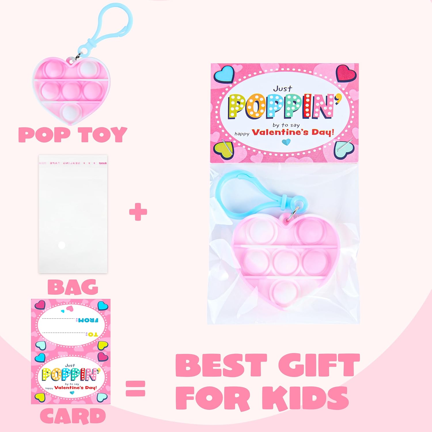 JOYIN 30 Packs Valentine's Day Gift Cards with Pop Fidget Keychain Toys, Stress Anxiety Relief Fidget Toy with Card for Kids Valentine Classroom Exchange Prizes, Valentine's Day Party Favor