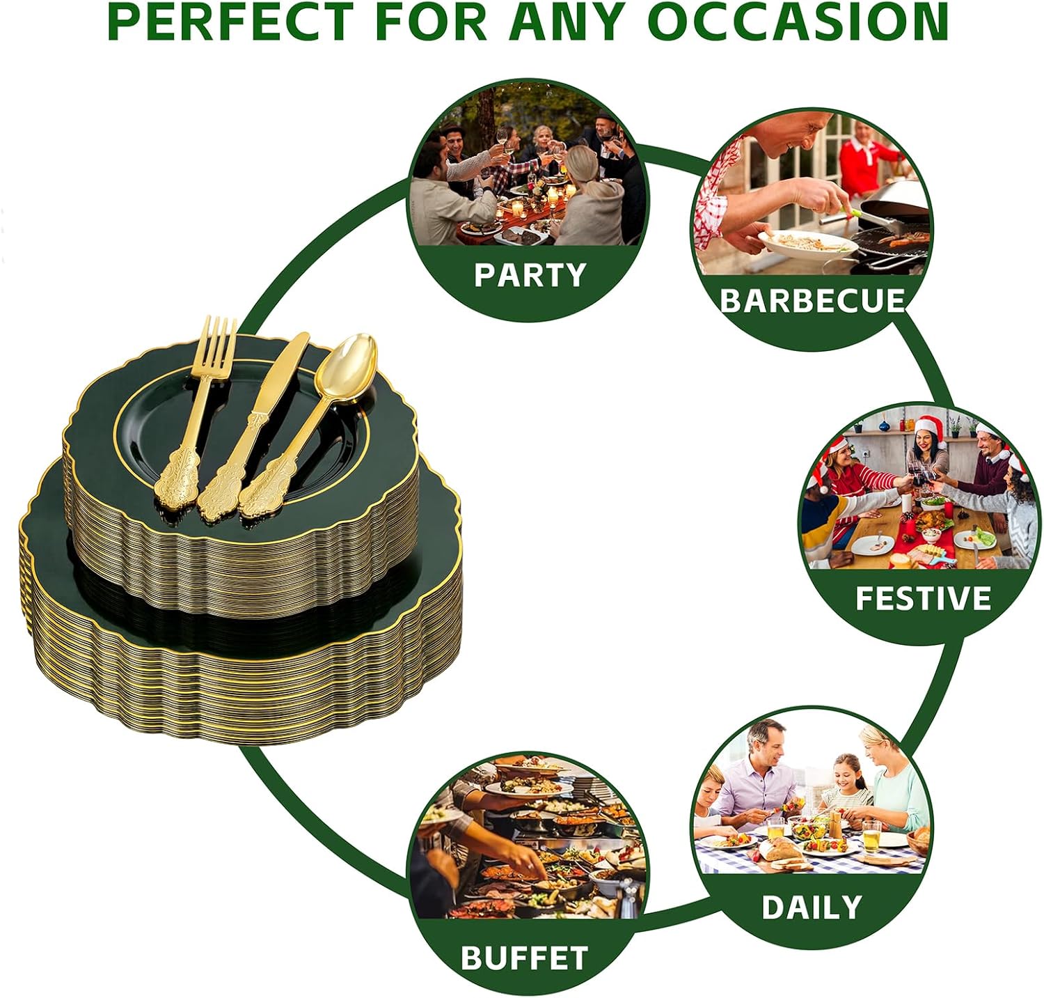 Liacere 175PCS Green Plastic Plates - Emerald Green Disposable With Gold Rim - 25Guest Baroque Plastic Dinnerware include 50Plates-25Pcs Pre Rolled Napkins with Silverware 25Cups for Party & Wedding