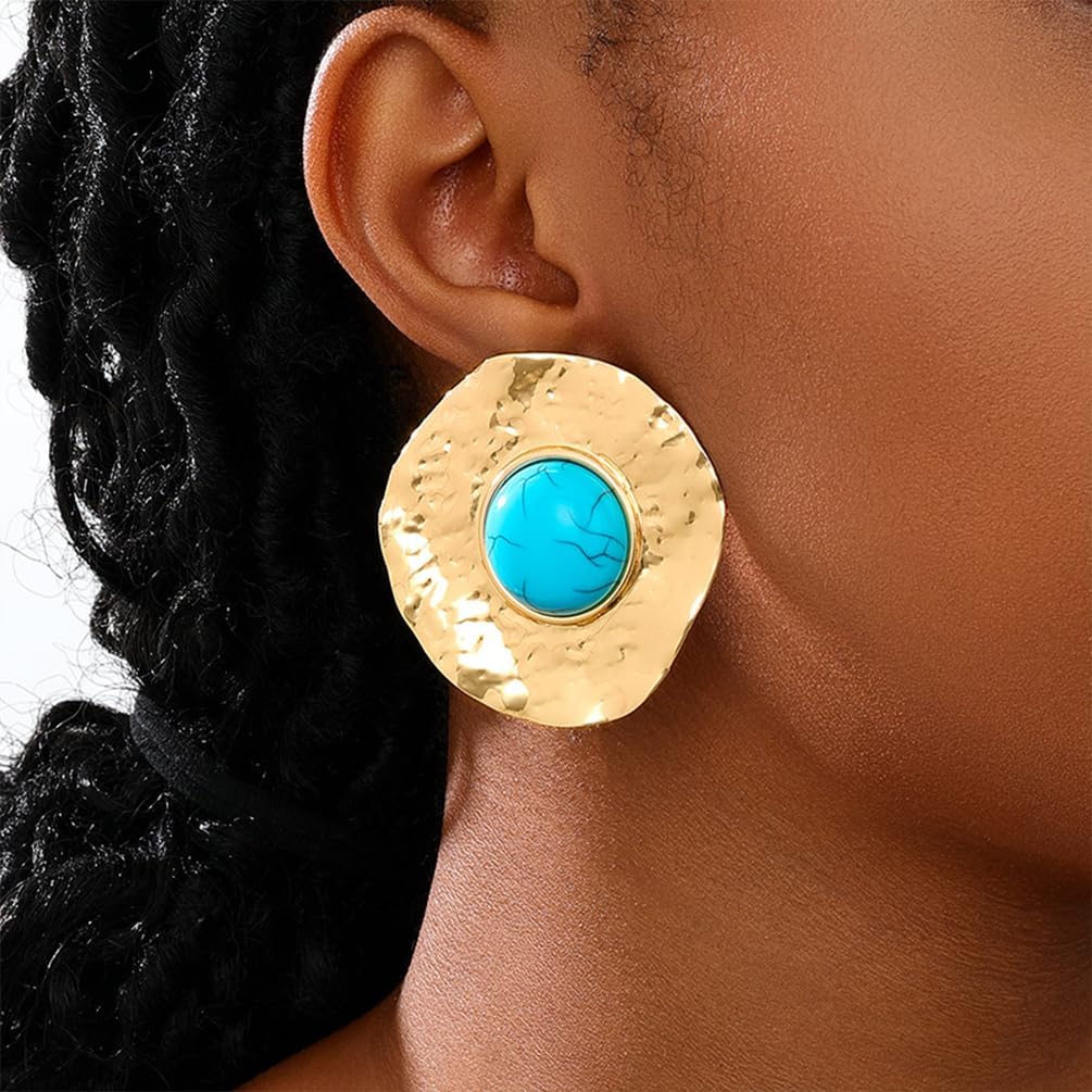 Chunky Gold Turquoise Earrings Dangling for Women Statement, Vintage Hammered Round Disc Small Turquoises Earring Western Jewelry Cowgirl Accessories - Image 3