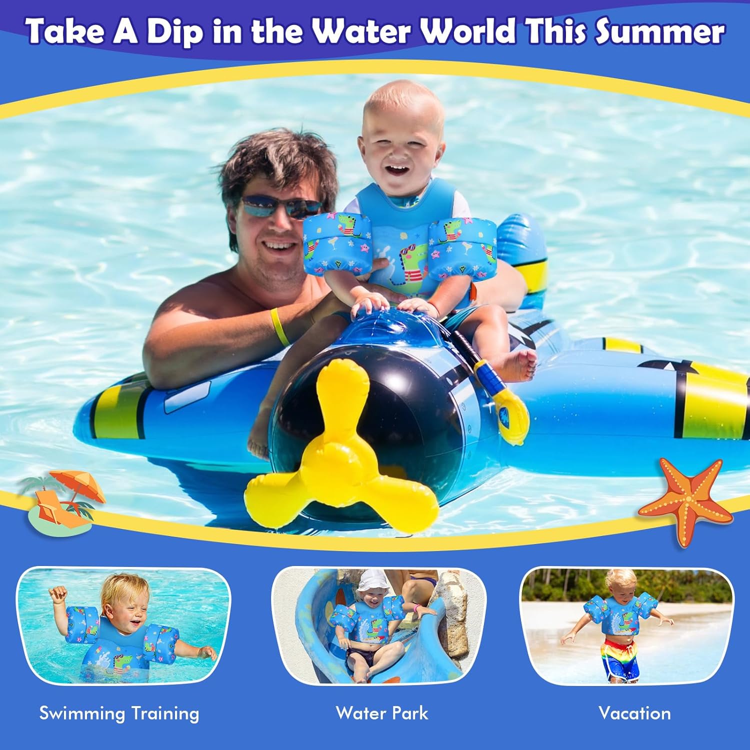 MoKo Toddler Swim Vest for Kids 13-30/20-50/22-66lbs, Swim Arm Floaties Cartoon Swimming Water Wings Pool Float Vests Sleeves Shoulder Straps Arm Band for Children Learn to Swim