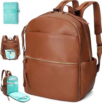 حقيبة ظهر MOMINSIDE Diaper Bag مع 6 جيوب معزولة، حقيبة حفاضات جلدية، حقيبة أطفال كبيرة لأمي، سجل الطفل، 18 جيبًا، وسادة تغيير، أحزمة عربة أطفال باللون البني