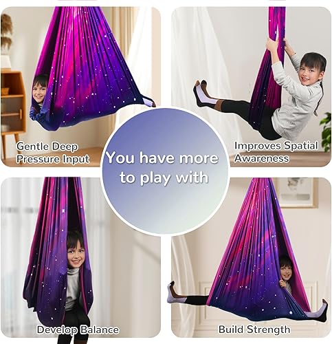 Miniatura 39 de Columpio sensorial para niños para interiores y exteriores, terapia de doble capa con kit de colgador giratorio 360, ajustable para niños y adultos