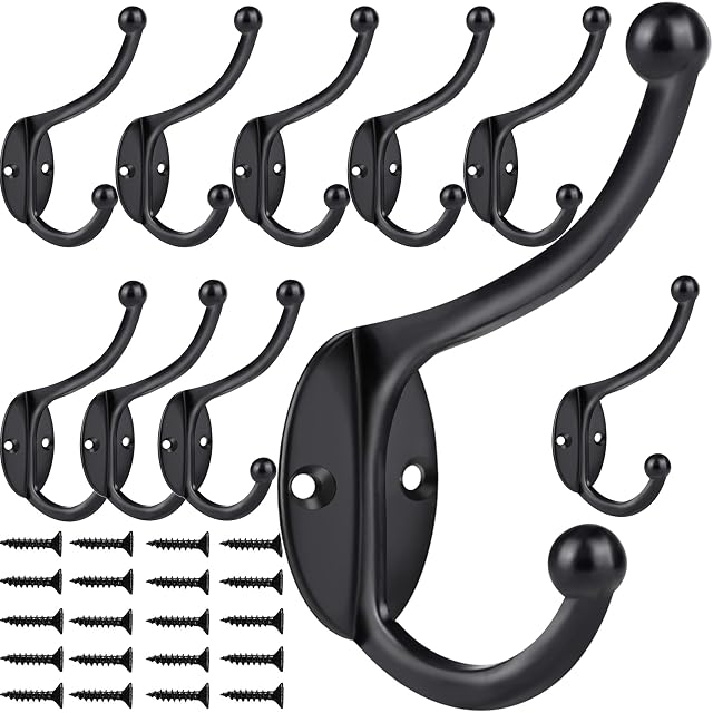 ZEYU Wall Hooks 10Pcs Coat Hooks Hardware Towel Hooks for Hanging Coats Double No Rust Black Robe Hooks
